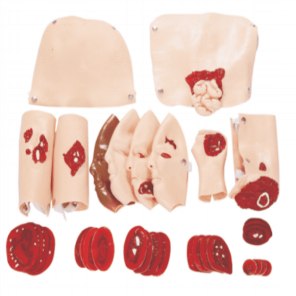 The Anatomy Lab Wound Assessment Module - 34 Piece Set can be used with any rescue and trauma manikin.
