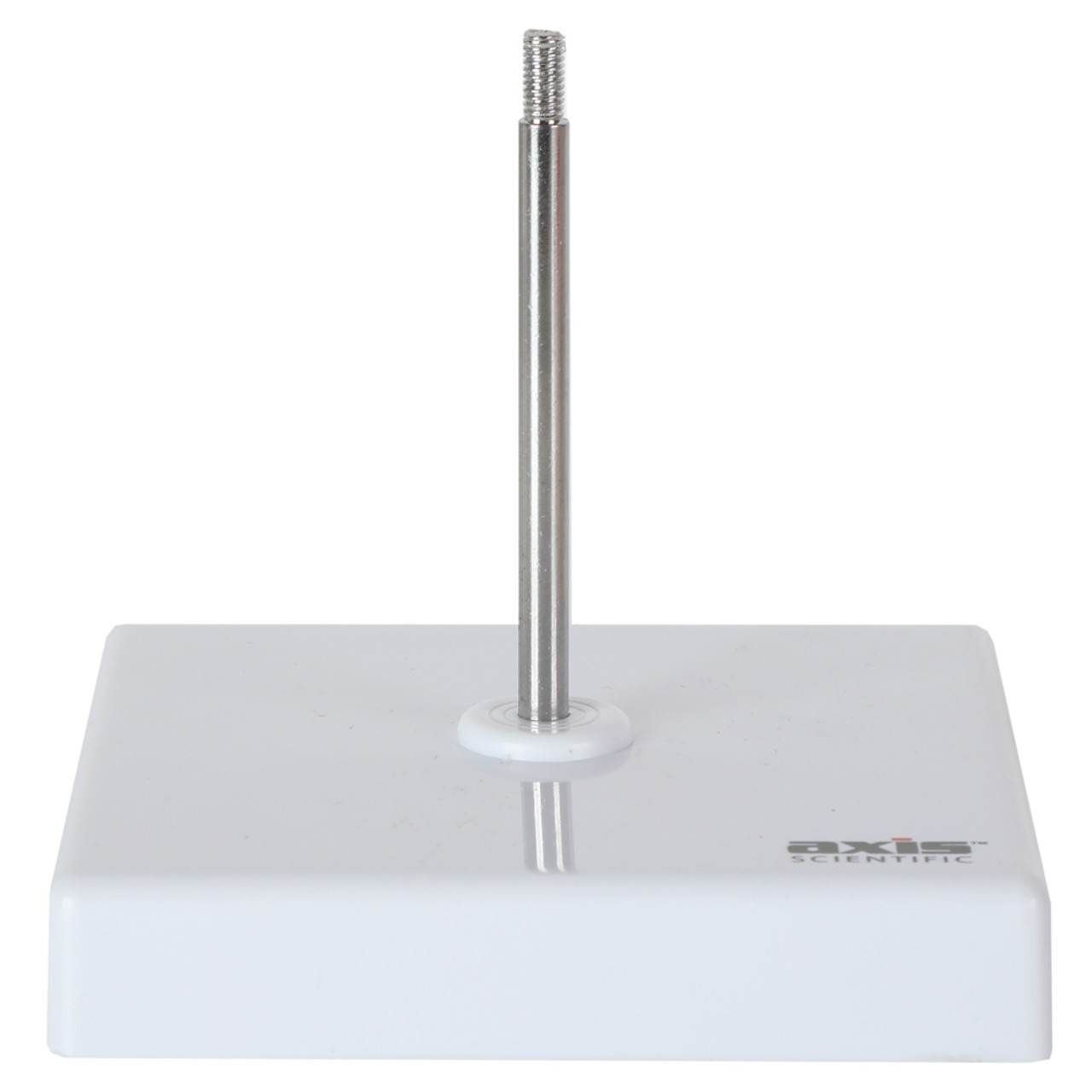 Image of the Included Metal and Plastic Stand, it measures 4 by 4 by 4 inches.