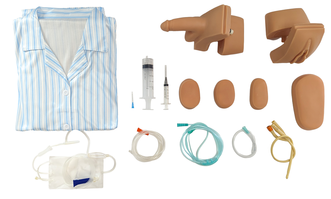 Inventory of the Anatomy Lab Basic Nursing Dual Sex Manikin including catheters, extra injection pads, needles and pajamas