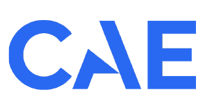 letters &quot;CAE&quot; in a bold blue sans-serif font against a black background.